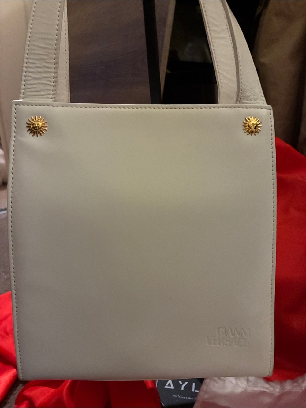Versace Cream Leather Shoulder Bag with Gold Sun Studs